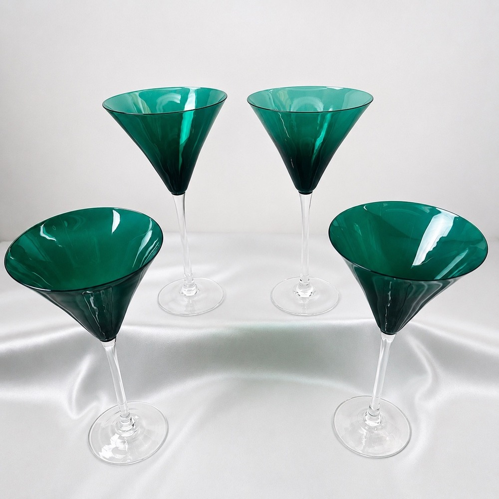 Lenox Holiday Gems Emerald Green Martini Glasses Set of 4 Clear Stem 8 7/8"